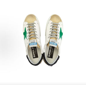 Golden Goose Super-Star Leather Round Toe Lace-up Flat Low-top Stylish Sneakers, Men's, White and Green Distressed Style