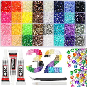 32 grid flatback rhinestones set with tools - طقم أحجار الراين 32 خانة وفصوص كريستالية