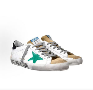 Golden Goose Super-Star Leather Round Toe Lace-up Flat Low-top Stylish Sneakers, Men's, White and Green Distressed Style