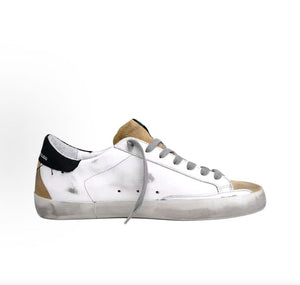 Golden Goose Super-Star Leather Round Toe Lace-up Flat Low-top Stylish Sneakers, Men's, White and Green Distressed Style