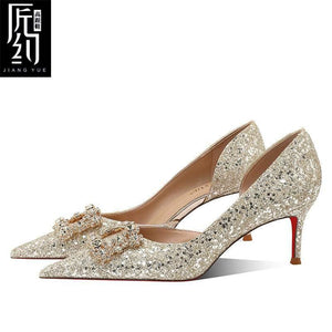 Christiana حذاء كعب عالي Glitter مزين بـ Crystal Buckle أنيق.