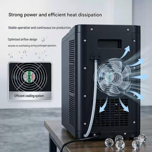 Rear view diagram showing the efficient cooling system, exhaust fan, and heat dissipation mechanism of a black ice maker machine.