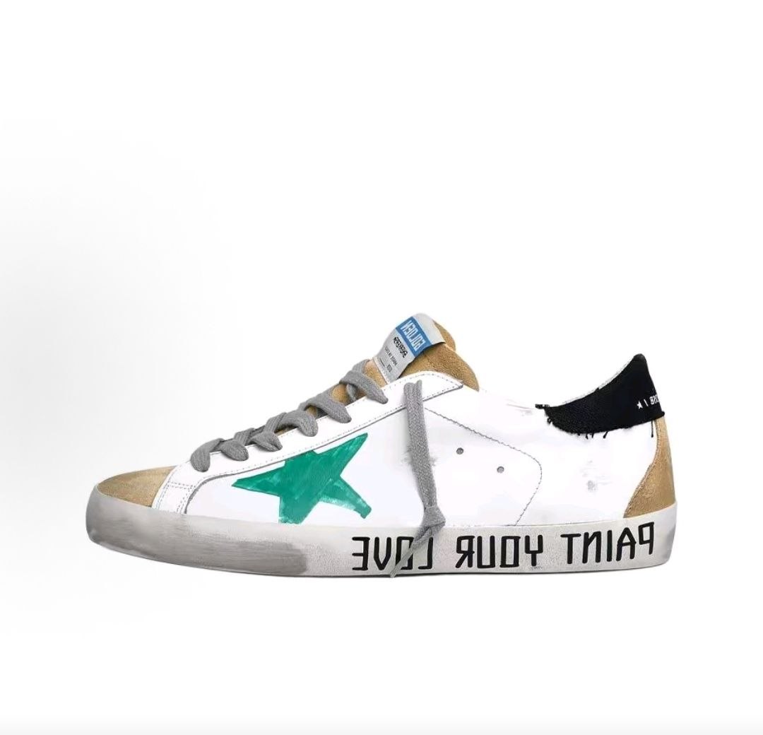 Golden Goose Super-Star Leather Round Toe Lace-up Flat Low-top  Stylish Sneakers, Men's, White and Green Distressed Style