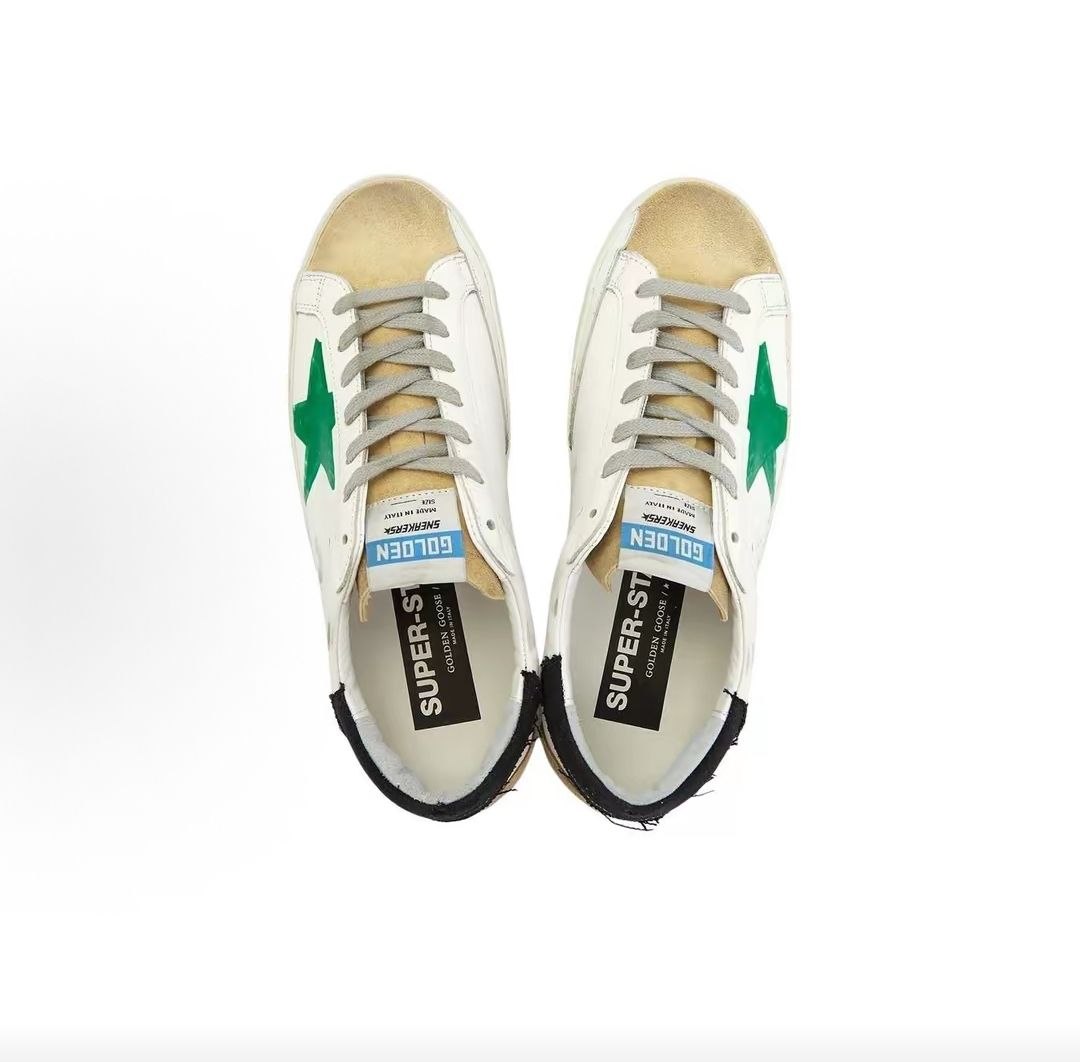 Golden Goose Super-Star Leather Round Toe Lace-up Flat Low-top  Stylish Sneakers, Men's, White and Green Distressed Style