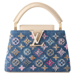 LOUIS VUITTON Capucines Denim Enamel Logo Chain Strap Monogram Denim One-Shoulder Crossbody Tote Women's Blue