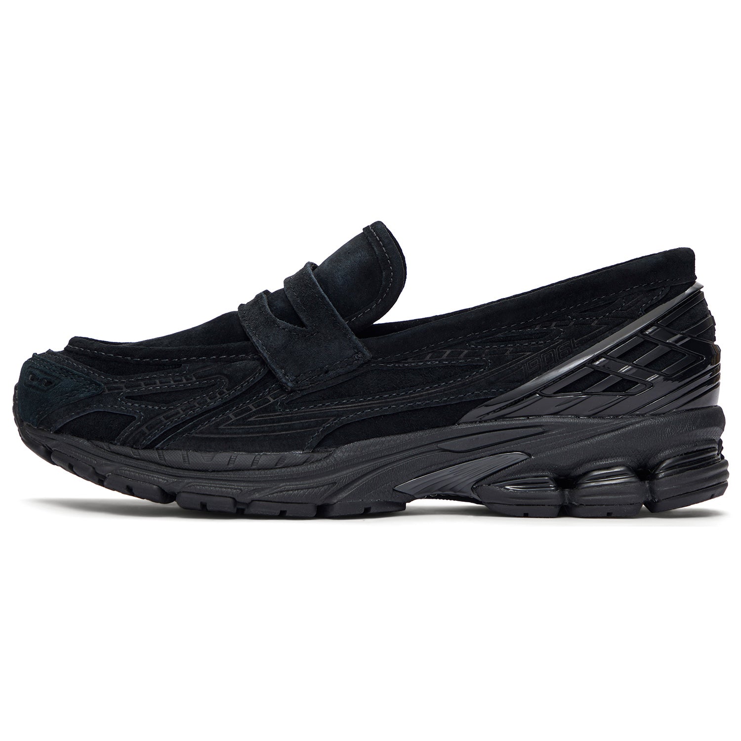 A lateral profile showcasing the New Balance 1906L Triple Black hybrid loafer with its sleek all-black design.