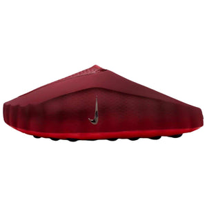 Side profile view of the Nike Mind 001 mule in deep maroon red, showing its unique sculpted shape and bright red sole.