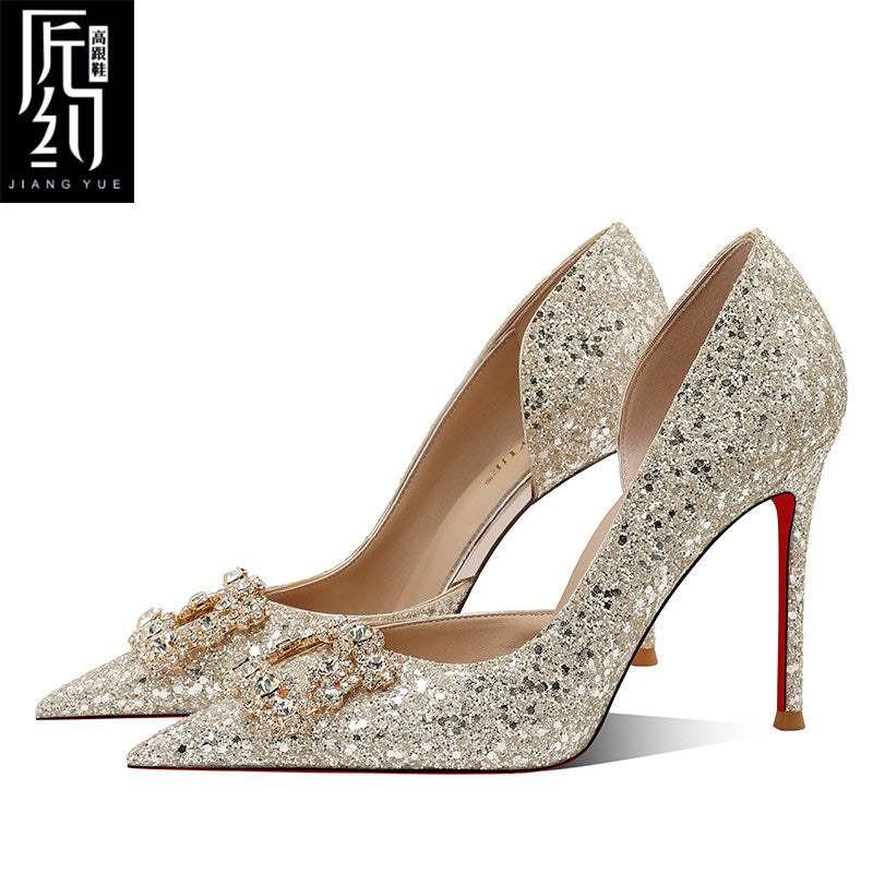 Christiana  حذاء كعب عالي Glitter مزين بـ Crystal Buckle أنيق.