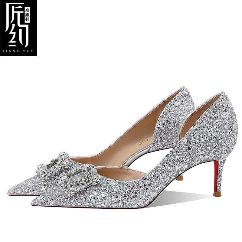 Christiana حذاء كعب عالي بتصميم Glitter مرصع بحجر فاخر لمناسباتك.
