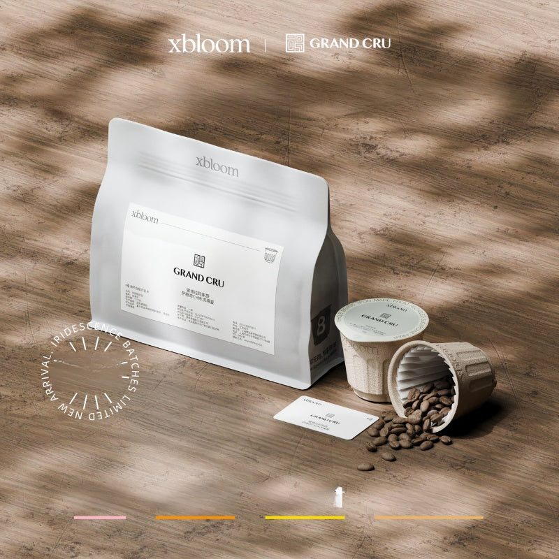 A promotional image of an XBloom coffee bag and XBloom xpods coffee capsules on a wooden background with shadows, featuring color-coded flavor notes at the bottom.