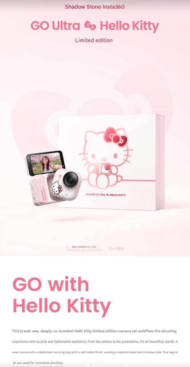 A vertical product showcase banner for the Hello Kitty Insta360 GO Ultra limited edition camera with a clean pastel pink background.