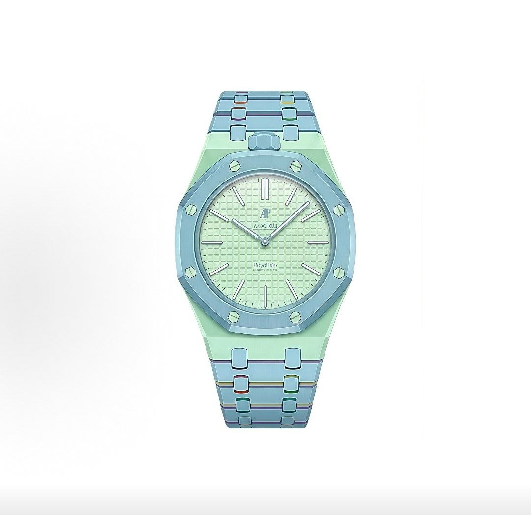 Full vertical front view of the Royal Pop Blue Acht custom watch with its distinctive octagonal bezel and structured wristband.