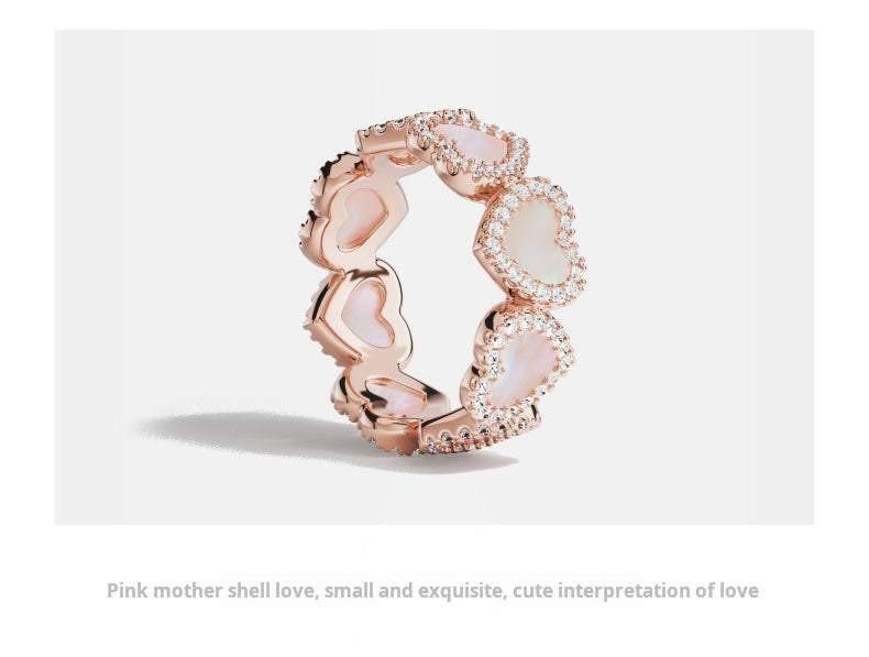 خاتم بتصميم قلوب و Pink Mother Shell مرصع بالزركون.