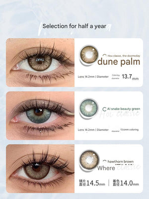 Catalog page showcasing Tinacon half-year colored contact lenses with specifications for Dune Palm and Hazel shades.