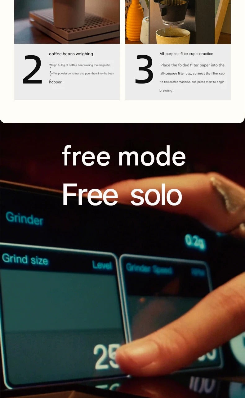 A finger touching the digital control screen of xBloom Studio Enterprise to manually adjust brewing variables in Free Solo mode.